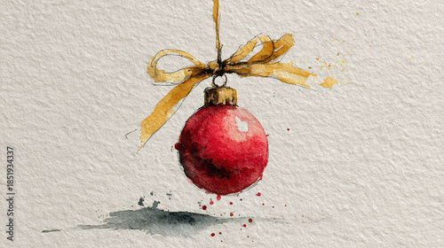 Red Christmas Ornament Ball with Golden Ribbon Bow on Neutral Background Holiday Decoration