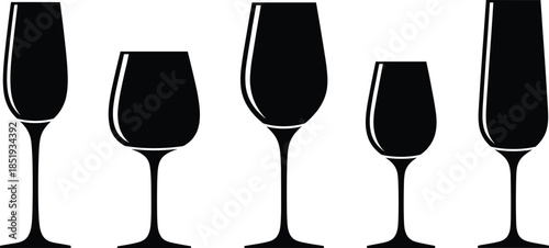 Stemmed drinking glass silhouette set – wine, champagne, cordial vector icons for barware, alcohol, beverage, hospitality, restaurant, celebration themes