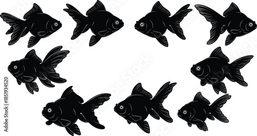 Stylized black fish in circular heart shape, abstract marine silhouette design for decorative, symbolic, artistic, and nature-themed vector use