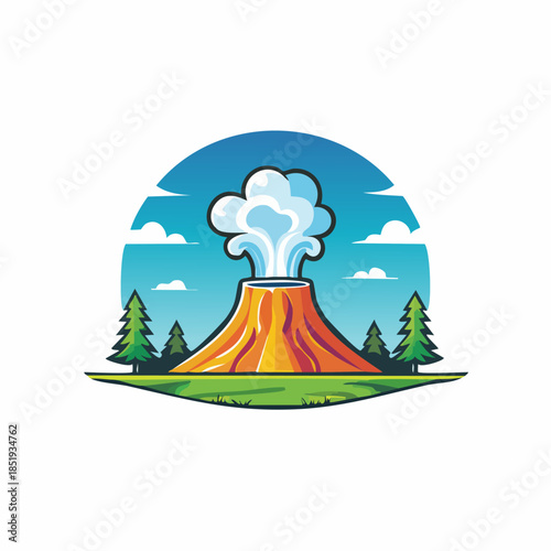 Cartoon Geyser Erupting in a Natural Landscape with Trees and Blue Sky.