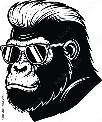 Stylized gorilla head illustration with pompadour hairstyle and sunglasses, perfect for cool animal art, fashion design, and vector graphics.