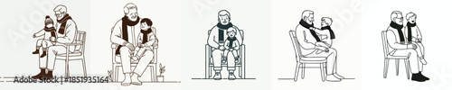 vector line art of a grandfather sitting holding his grandchild in winter