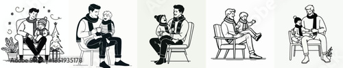vector line art of a father sitting holding his child in winter