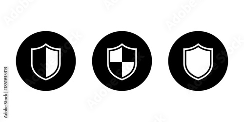 Security shield icon set in black circle. Secure system, cybersecurity, protection, and defense symbol