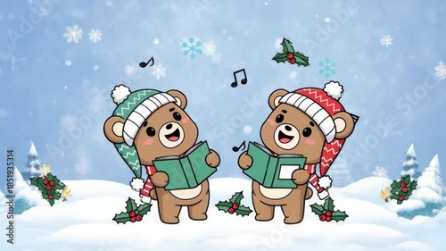 Two cute happy bear friends in joyful cartoon illustration singing christmas carol together from book for winter holiday