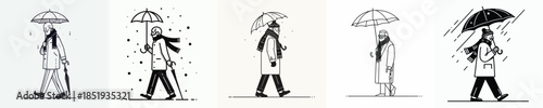 vector line art of a grandfather walking with a winter umbrella