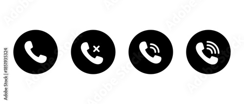 Phone call status icon set in black circle. Ringing handset symbol