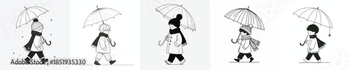 vector line art of a little boy walking with a winter umbrella