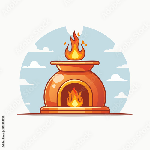 Cartoon illustration of a decorative clay oven with fire inside and on top.