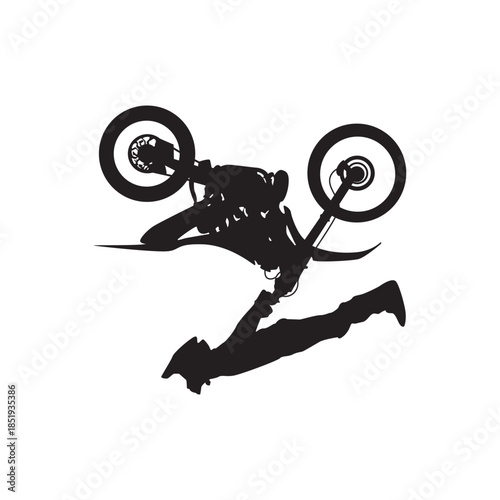 Motocross back flip silhouette. Inverted motocross rider mid backflip. great for action sports, posters and logos. High res scalable vector.