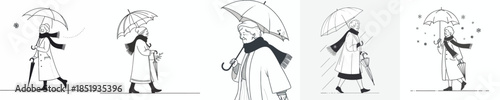 vector line art of a grandmother walking with a winter umbrella