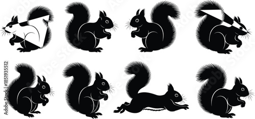 Squirrel Silhouette Vector Set Featuring Garden Wildlife Animal Poses Eating Jumping and Running Graphics for Nature Enthusiasts and Forest Themed Design