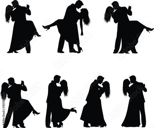 Romantic Couple Dancing Silhouette Set Featuring Elegant Ballroom Poses Wedding Waltz Passionate Kiss and Formal Event Partners for Vector Graphic Design
