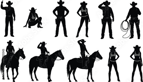 Western Cowboy and Cowgirl Silhouettes Set Featuring Horseback Riding Lasso Rope Gun Holsters and Classic Wild West Outlaw Rancher Poses