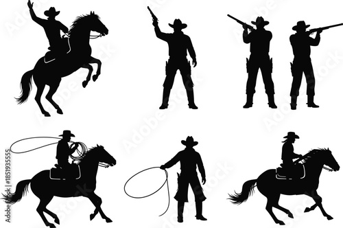 Wild West Cowboy Silhouettes Set with Horseback Riding Lasso Rope Gunfights and Western Outlaw Poses for Graphic Design and Vector Projects
