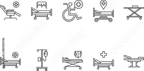Set of thin line medical and hospital icons featuring various patient beds wheelchair operating table intravenous drip and dental chair isolated on white background vector illustration
