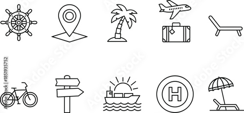 Set of thin line travel and summer vacation icons featuring cruise ship palm tree airplane luggage beach chair sun umbrella and bicycle isolated on white background flat vector illustration