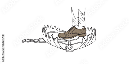 Continuous line drawing of foot stepping into bear trap. Business risk concept. Danger and mistake metaphor.