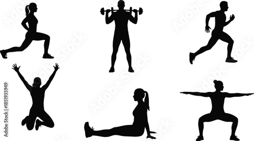 Set of black male and female fitness silhouettes featuring various workout poses including running lunging weightlifting yoga and jumping isolated on white background flat vector illustration
