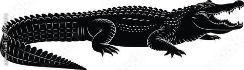 Black silhouette of an alligator or crocodile with open jaws and detailed scales isolated on white background flat vector illustration for wildlife and reptile concepts