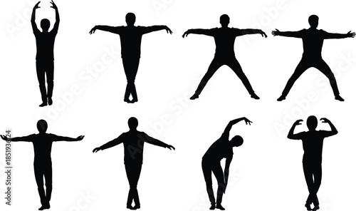 Set of black male silhouettes performing various stretching and fitness exercises featuring poses with arms extended and overhead isolated on white background flat vector illustration 