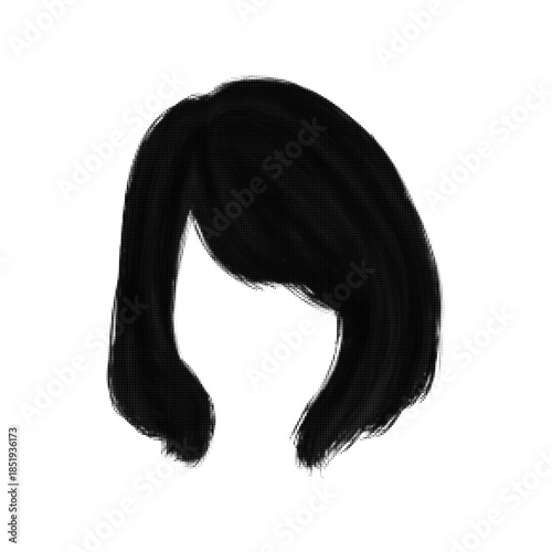 Black and white halftone illustration of a short women’s bob hairstyle with side-swept bangs, soft volume and clean silhouette, isolated on a white background.