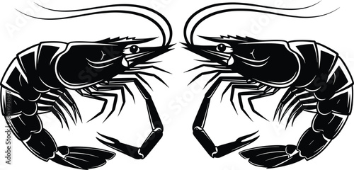 Symmetrical shrimp silhouette vector design featuring bold outlines, seafood theme, marine life art, black and white crustacean illustration
