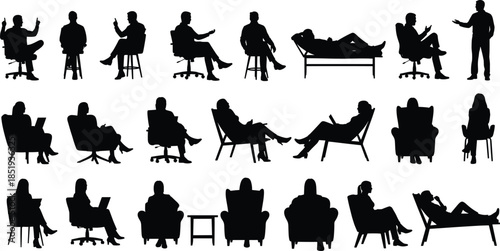 Therapy and counseling session silhouettes – seated people talking, listening, writing, reclining in professional mental health vector illustration for psychology themes