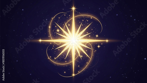 Golden Star of Bethlehem Shining Brightly in Night Sky, Vector Illustration with Glowing Effect, Magical and Festive Epiphany Holiday Graphic