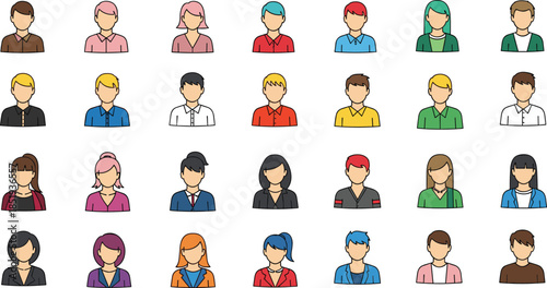 Set of colorful avatar icons featuring diverse men and women with different hairstyles and modern clothing isolated on white background flat vector illustration