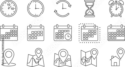 Set of thin line time and location icons featuring various analog clocks hourglass alarm clock calendars with schedules and map pins isolated on white background vector illustration
