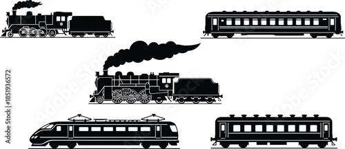 Train silhouette vector set featuring steam locomotives, passenger cars, and modern electric trains for transport, travel, and railway design