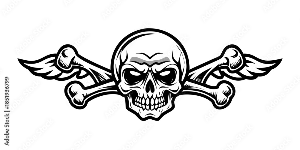 Fototapeta premium stylized skull, symbol of immortality, heavy metal, biker. Poster, man cave decorating, music album cover, print for clothes, flag, desktop.
