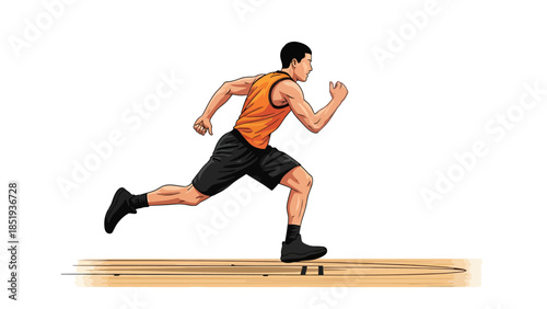 Pixelated illustration of a runner midstride on a wooden track
