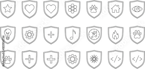 Set of thin line shield icons featuring various protection symbols including medical cross heart star gear paw print house and digital coding signs isolated on white background vector illustration