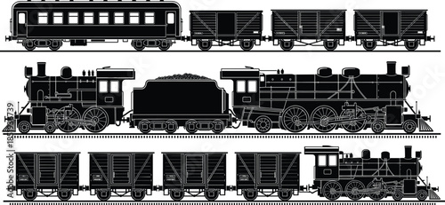 Train silhouette vector set with steam locomotives, passenger and freight cars on tracks for transportation, vintage, industrial, and railway themes