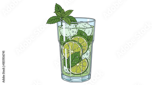 Pixelated illustration of a tall glass containing a clear light green beverage with lime slices and mint
