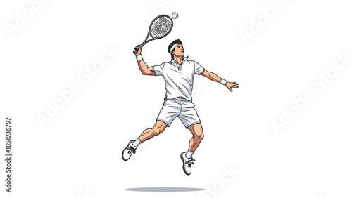 Pixelated tennis player midair performing an overhead serve with a racket and ball