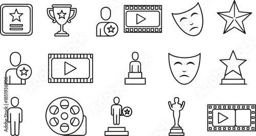 Set of thin line cinema and entertainment icons featuring movie awards trophy cups film reels theater masks star ratings and cinematography symbols isolated on white background vector illustration