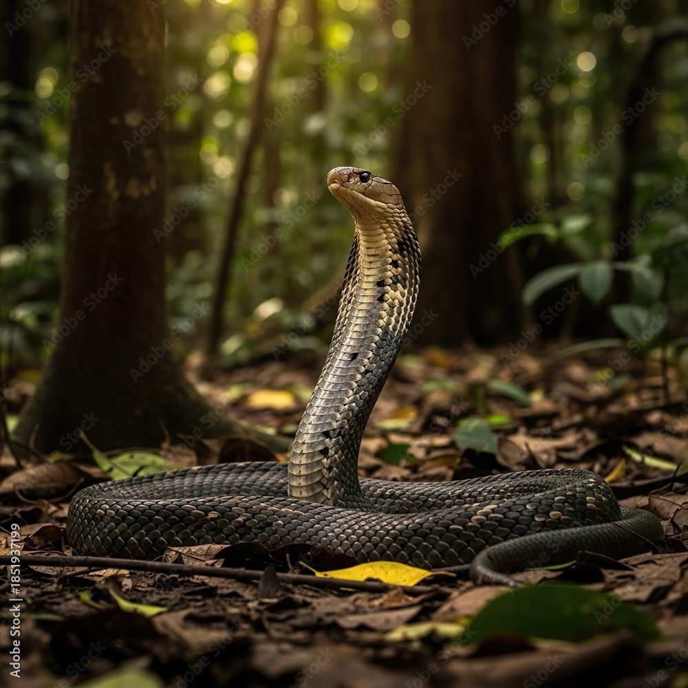 Fototapeta premium Cobra standing upright with expanded hood in a lush tropical forest. The reptile displays classic defensive behavior, highlighting themes of danger, biodiversity, and wild nature in an untouched jungl