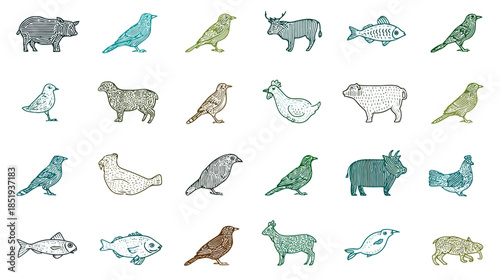 Hand-drawn farm and wild animal illustrations set in a vintage sketch style. Collection of birds, mammals, and fish.