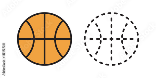 Basketball icon set solid and dashed line style. Vector basketball icon with solid and dashed outline style. Minimal flat design for sports, app, UI, and education.