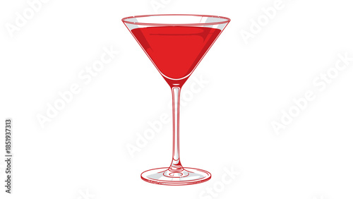 A red beverage in a stemmed martini glass with a white background