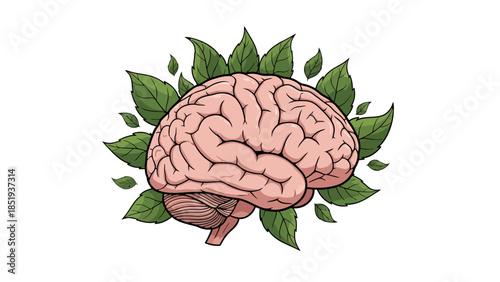 A pink human brain illustration surrounded by green leaves on a white background