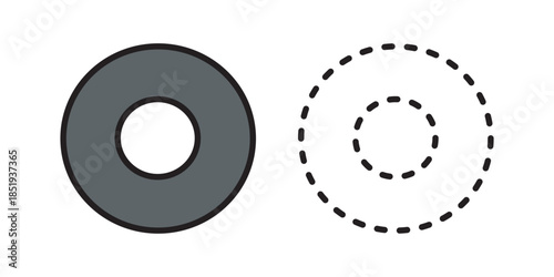 Ring icon solid and dashed vector. Simple ring or donut vector icon in solid and dashed outline style. Clean minimal design for UI, diagram, and infographic.
