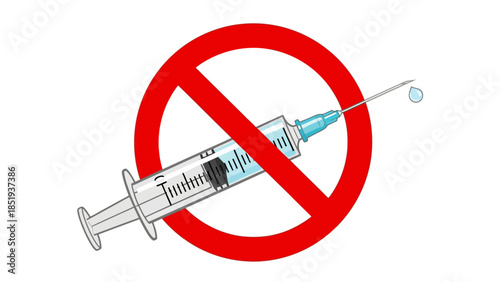 A syringe is crossed out by a large red prohibition circle