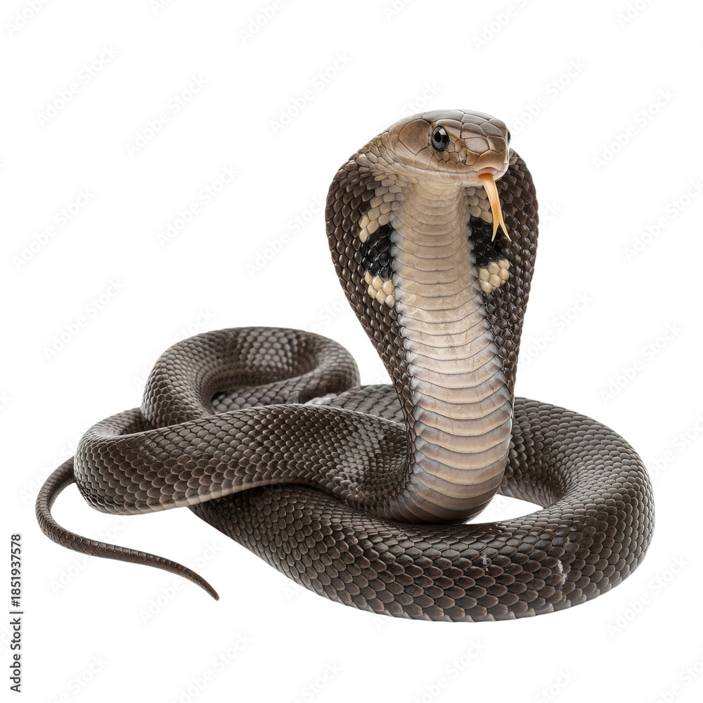 Fototapeta premium Snake on transparent background close-up. Venomous cobra with spread hood and fangs visible.