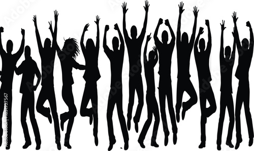 Cheering crowd silhouettes jumping with raised hands, expressing celebration, success, unity, teamwork, excitement, and energetic festival atmosphere concept illustration