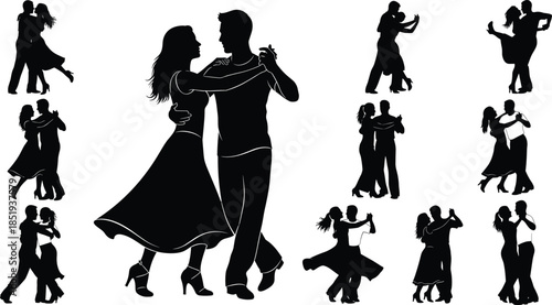 Dancing couple silhouettes performing ballroom and social dance moves, expressing romance, elegance, rhythm, partnership, and classic dance culture concept illustration
