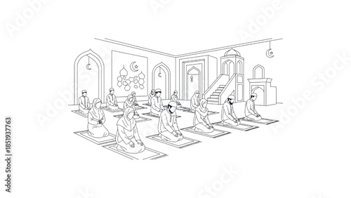 muslim community praying together in mosque: islamic worship and ramadan line art
